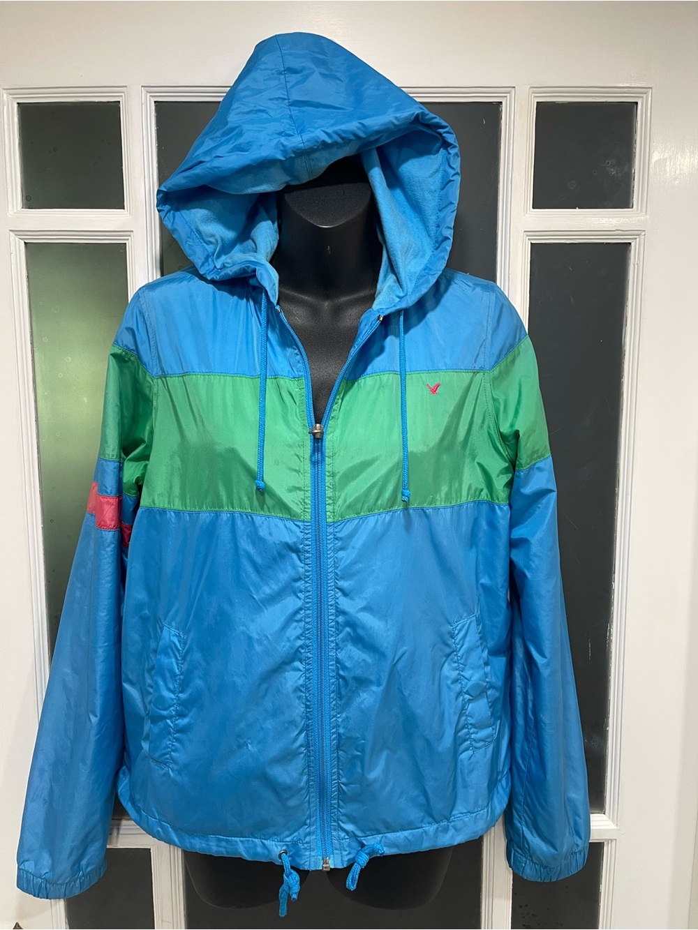 American Eagle Outfitters Blue & Green Colorblock Hooded Windbreaker